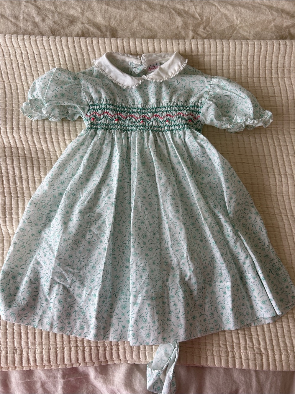 Vintage Smocked Light Mint Floral Kids Dress with Peter Pan Collar